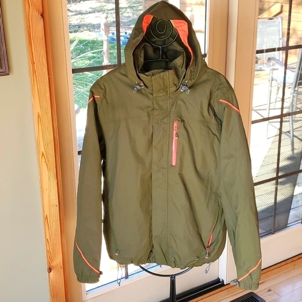 Lands' End Cinchable Hooded Army Green/Orange‎ Zip Pockets Sz. M-L Winter Jacket